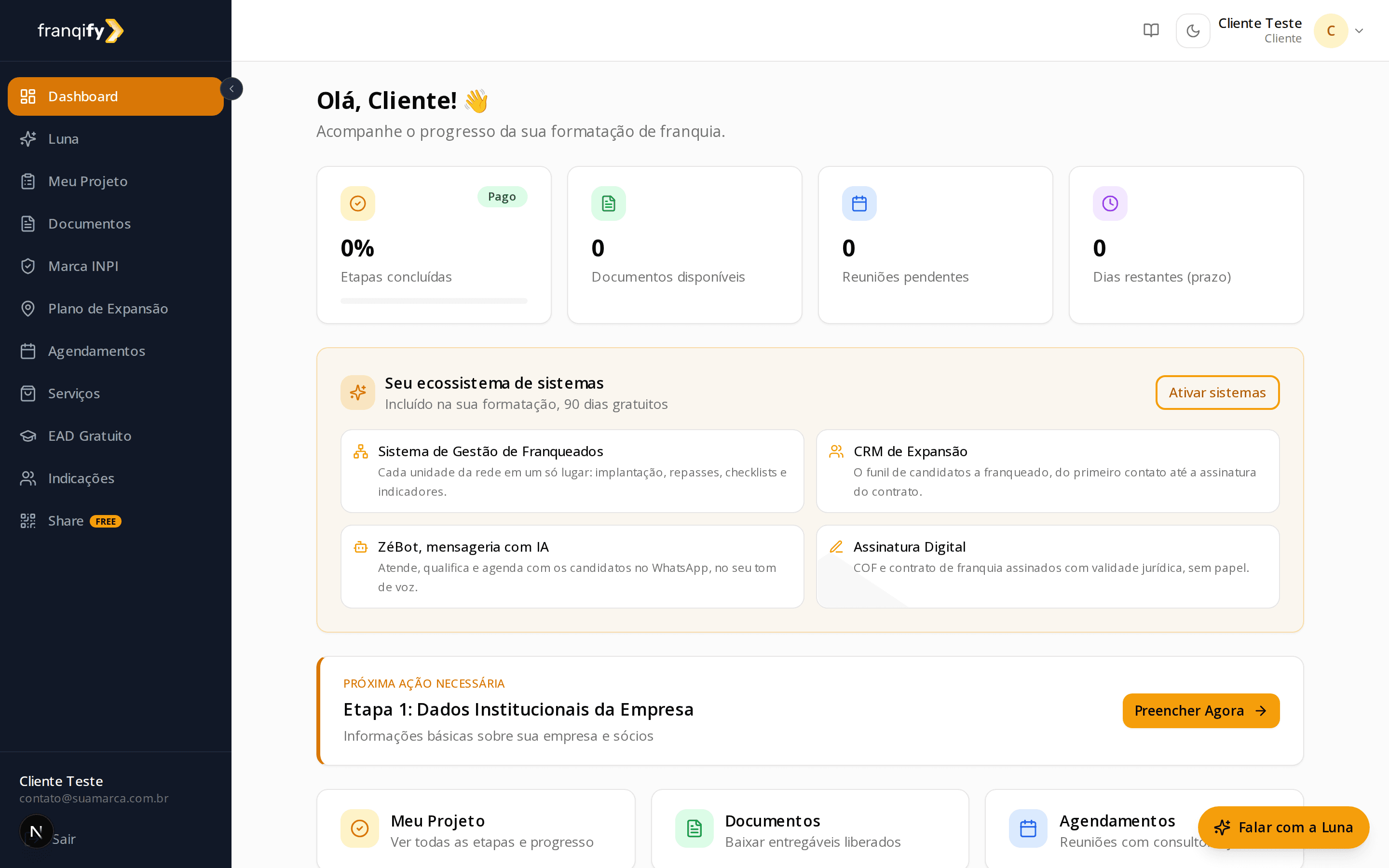 Painel do cliente na Franqify, com progresso do projeto e ecossistema de sistemas